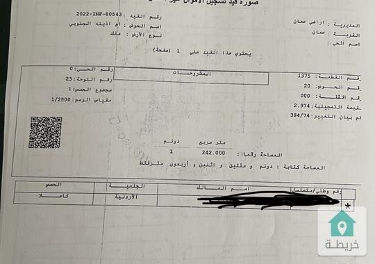 أرض سكن أ تصلح للاسكان دونم و مئتين و اثنين و أربعون  متر فقط