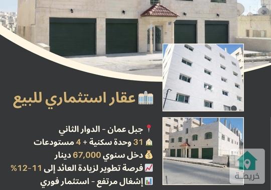 عمارة استثمارية في جبل عمان – 31 وحدة – دخل 67,000 دينار – عائد 10٪ (فرص تطوير 11–12٪)