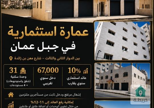 عمارة استثمارية في جبل عمان – 31 وحدة – دخل 67,000 دينار – عائد 10٪ (فرص تطوير 11–12٪)