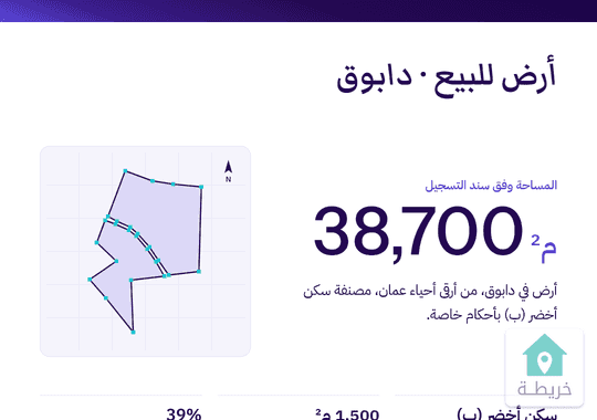 أرض في دابوق 38 دونم و700 متر سكن أخضر ب